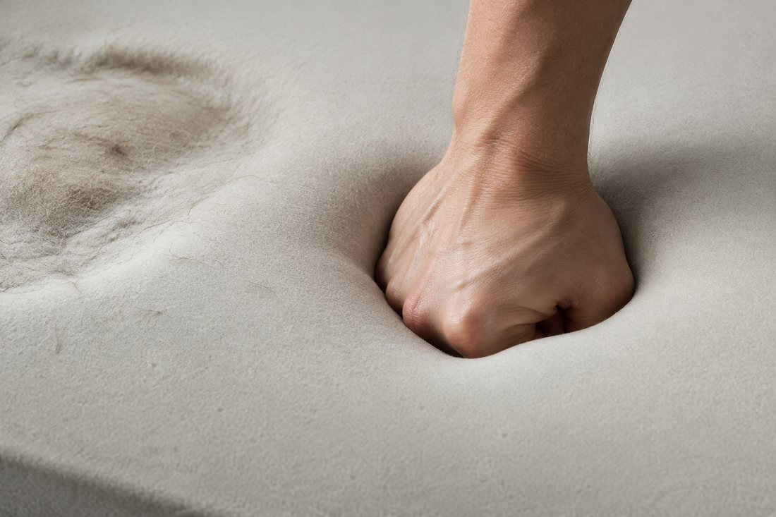 Hand pressing a fist into memory foam where a large dog's hip rested to test whether the foam bottoms out
