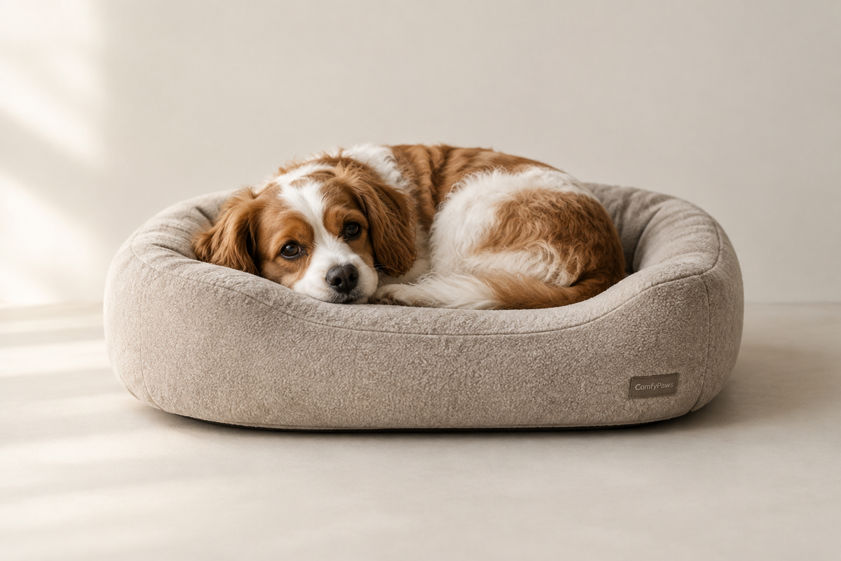 Small dog curled comfortably on a soft, low-profile bed sized for its body