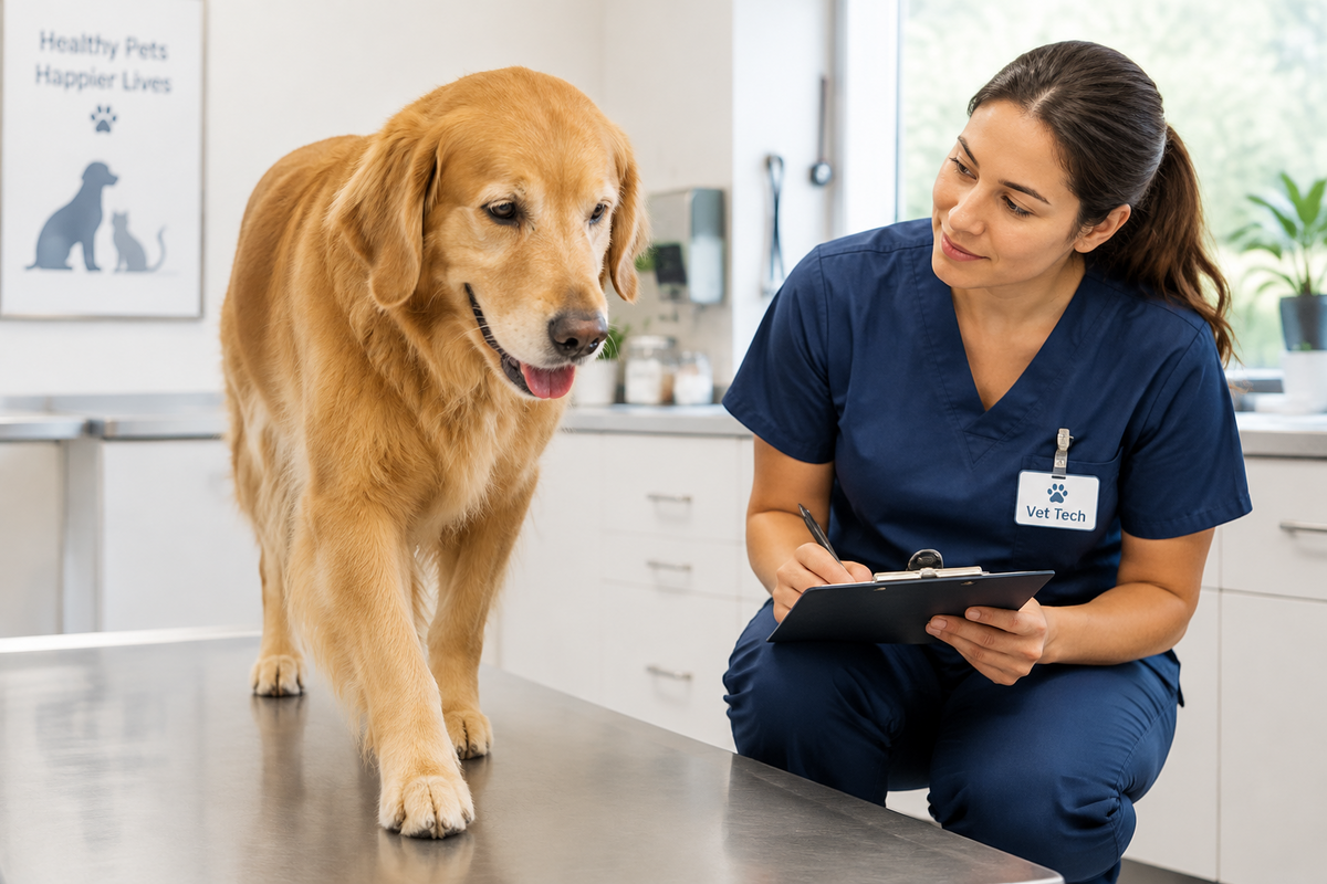 Vet tech gently observing a dog's movement during a routine checkup